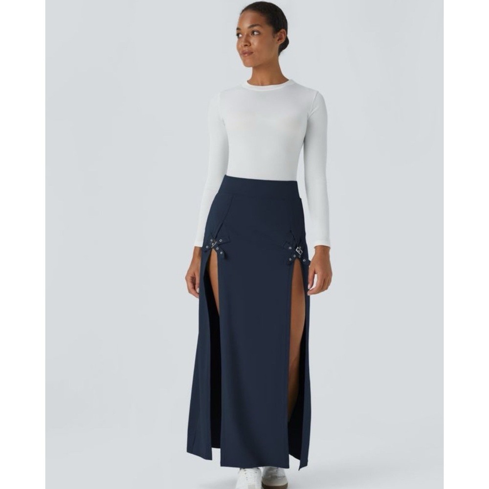 Halara Women's Size S Navy Blue Double Buckle Front Split Maxi Skirt Skort
